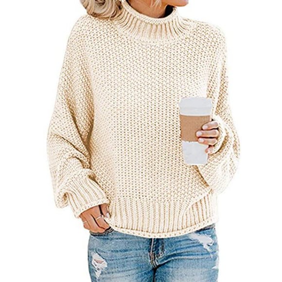 Sweaters - Beige Chunky Knitted Pullover Sweater Large
